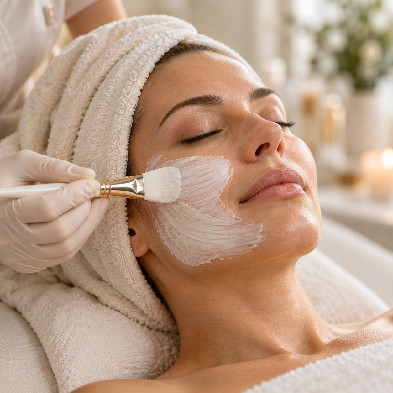 Illustrative facial treatment with a mask applied gently by brush