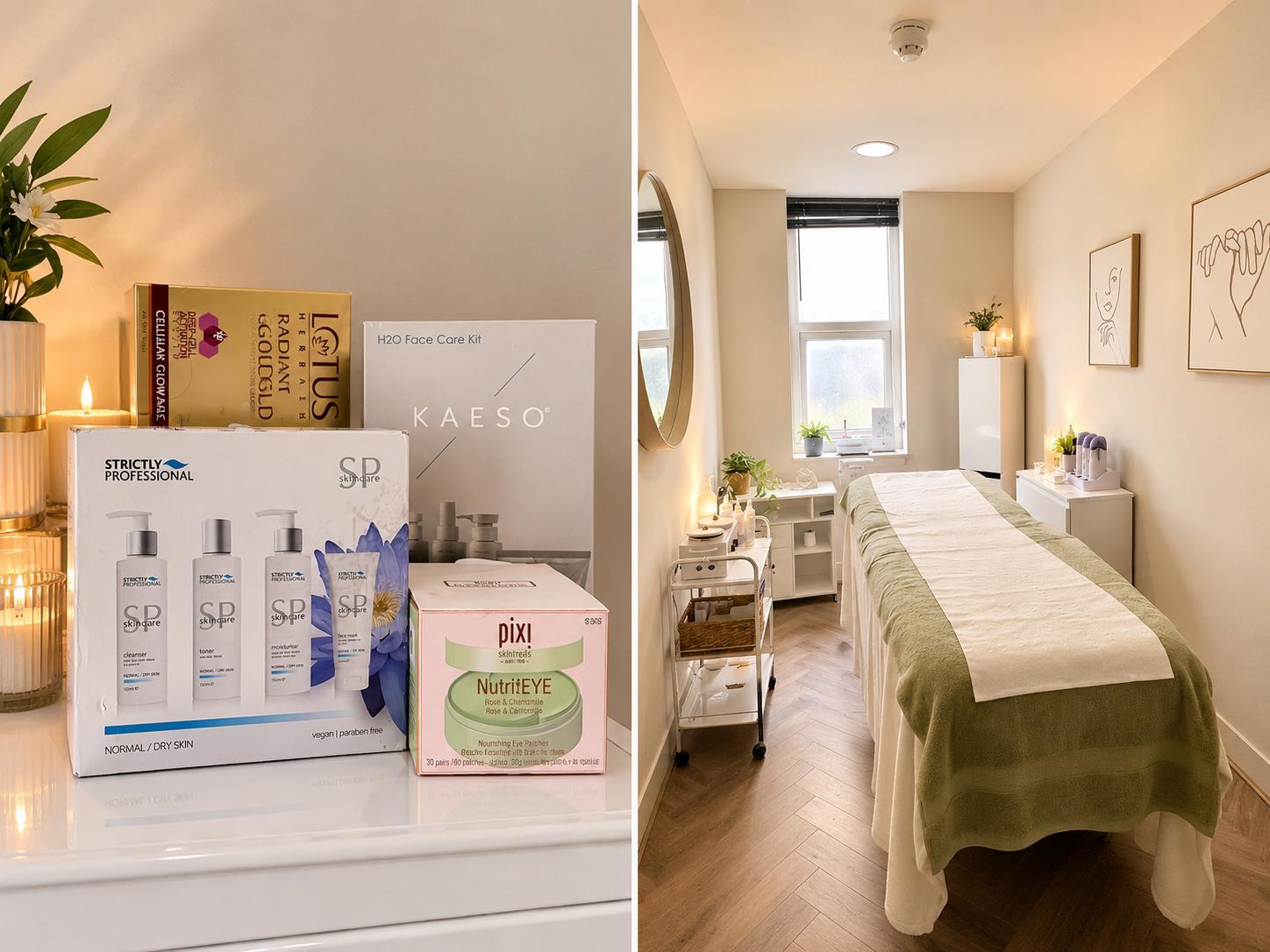 The softly lit treatment room at KK Beauty Lounge, with an olive-covered treatment bed